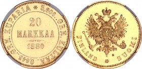 Russia - Finland 20 Markkaa 1880 S NGC MS 63 R1
Bit# 613 (R1); Gold (.900) 6.45 g., 21.3 mm.; With full mint luster