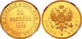 Russia - Finland 20 Markkaa 1880 S R1 NGC MS 65
Bit# 613 R1; Gold, 6.45g. Beautiful, lustrous coin.
