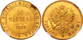 Russia - Finland 10 Markkaa 1882 S NGC MS 65
Bit# 229; Gold (.900) 3.23g. UNC. Very rare grade for old date.