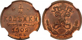 Russia 1/4 Kopek 1909 СПБ NGC MS 64 RB
Bit# 279; Conros# 243/57; Copper; UNC