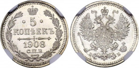 Russia 5 Kopeks 1908 СПБ ЭБ NGC MS 67
Bit# 184; Silver; With full mint luster