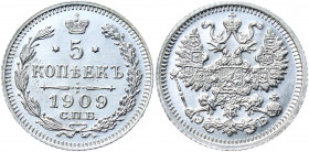 Russia 5 Kopeks 1909 СПБ ЭБ NGC MS 66
Bit# 185; Silver; UNC, rare condition!