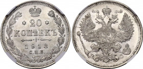 Russia 20 Kopeks 1913 СПБ ВС NGC MS 66
Bit# 115; Silver