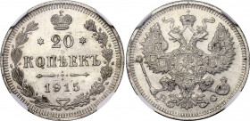 Russia 20 Kopeks 1915 ВС NGC MS 66
Bit# 117; Silver