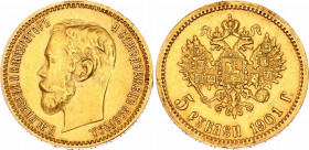 Russia 5 Roubles 1901 ФЗ
Bit# 18; Gold (.900) 4.30 g. AU-UNC.