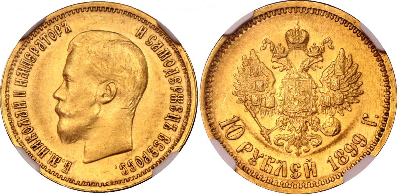 Russia 10 Roubles 1899 ФЗ NGC MS 61
Bit# 6; Gold (.900) 8.60 g., UNC, mint lust...