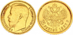 Russia 15 Roubles 1897 АГ
Bit# 2; Gold (.900) 12.90 g. UNC.