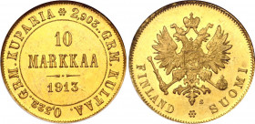 Russia - Finland 10 Markkaa 1913 S NGC MS 65
Bit# 394; Gold (.900) 3.23 g., 19.1 mm.; With full mint luster