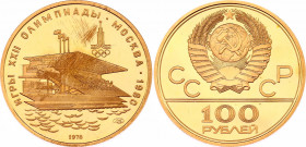 Russia - USSR 100 Roubles 1978 ЛМД
Y# 151; Gold (900), 17.28 g., Proof.; 1980 Moscow Olympics - Lenin Stadium