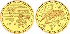 Japan 10000 Yen 1998 (9)
Y# 116; JNDA# 03-27; N# 84833; Gold (.999) 15.60 g.; 1998 Nagano Winter Olympics: Ski Jumping; Mintage 55000; UNC Proof