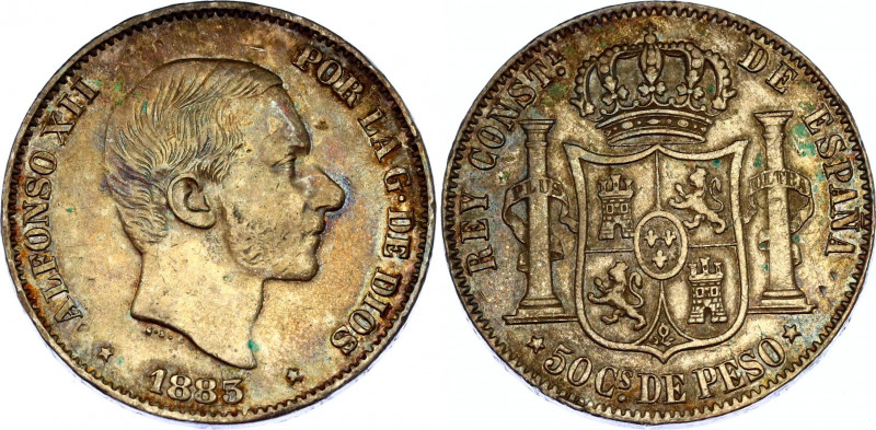 Philippines 50 Centimos de Peso 1883
KM# 150, N# 33991; Silver; Alfonso XII; XF