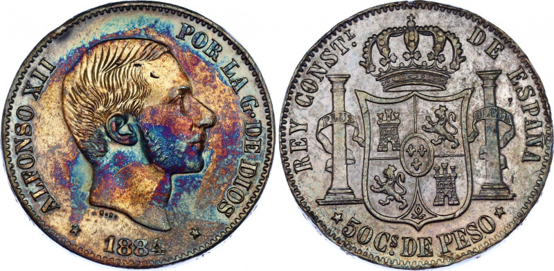 Philippines 50 Centimos de Peso 1884
KM# 150, N# 33991; Silver; Alfonso XII; Wi...