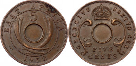 East Africa 5 Cents 1952 Error No Hole
KM# 33; Schön# 33; N# 1228; Copper; Mint Error without Central Piercing; AUNC