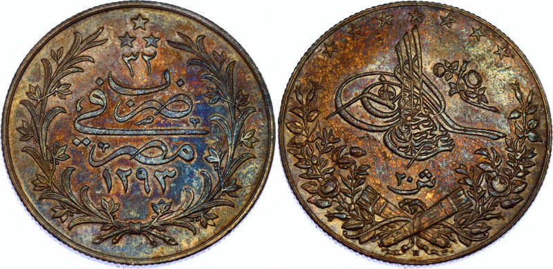 Egypt 20 Qirsh 1906 H AH 1324 // 32
KM# 296, N# 28412; Silver; Abdul Hamid II; ...