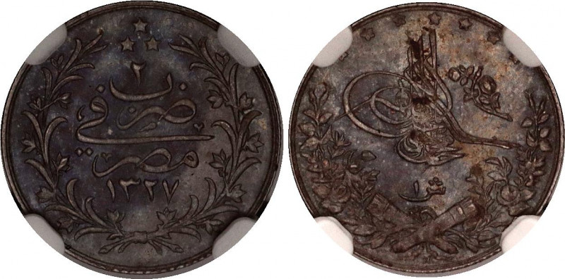 Egypt 1 Qirsh 1910 H AH 1327 // 2 NGC MS 63
KM# 305, N# 22003; Silver; Mehmed V