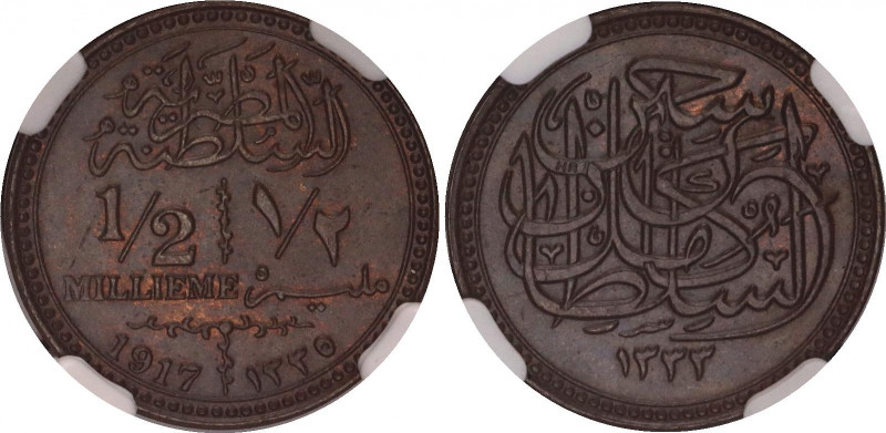 Egypt 1/2 Millieme 1917 AH 1335 NGC MS 65 BN
KM# 312, N# 21757; Bronze; Hussein...