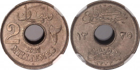 Egypt 2 Milliemes 1917 H AH 1335 NGC MS 64
KM# 314, N# 4821; Copper-nickel; Hussein Kamel; Occupation Coinage; Top grade for this coin