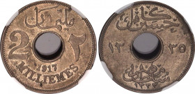 Egypt 2 Milliemes 1917 AH 1335 NGC MS 62
KM# 314, N# 4821; Copper-nickel; Hussein Kamel; Occupation Coinage