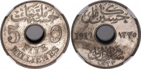 Egypt 5 Milliemes 1917 AH 1335 NGC MS 63
KM# 315, N# 1273; Copper-nickel; Hussein Kamel; Occupation Coinage