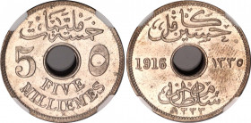 Egypt 5 Milliemes 1916 H AH 1335 NGC MS 62
KM# 315, N# 1273; Copper-nickel; Hussein Kamel; Occupation Coinage; With mint luster