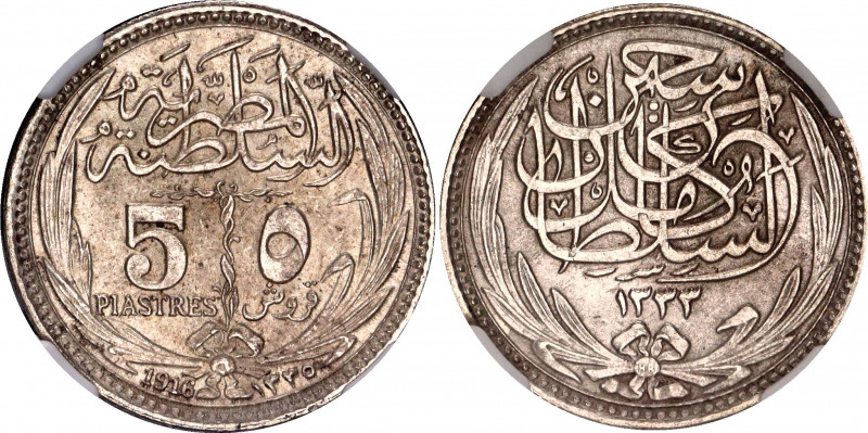 Egypt 5 Piastres 1916 AH 1335 NGC MS 63
KM# 318, N# 15843; Silver; Hussein Kame...