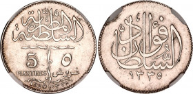 Egypt 5 Piastres 1920 H AH 1338 NGC MS 63
KM# 326, N# 28419; Silver; Fuad; Occupation Coinage