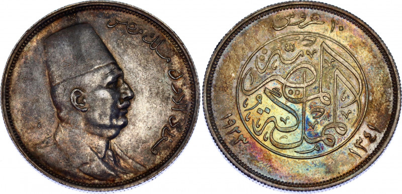 Egypt 10 Piastres 1923 AH 1341
KM# 337; N# 25074; Silver; Fuad; XF/AUNC with ni...