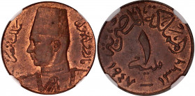 Egypt 1 Millieme 1947 AH 1366 NGC MS 62 RB
KM# 358, N# 9317; Bronze; Farouk; With mint luster