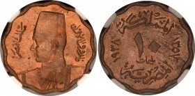 Egypt 10 Milliemes 1938 AH 1357 NGC MS 63 RB
KM# 361, N# 7132; Bronze; Farouk; With full mint luster