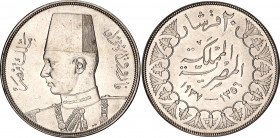 Egypt 20 Piastres 1937 AH 1356 PCGS MS 63
KM# 368, N# 34276; Silver; Farouk