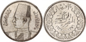 Egypt 20 Piastres 1937 AH 1356
KM# 368; Farouk; Silver, UNC. Very rare coin in this condition.