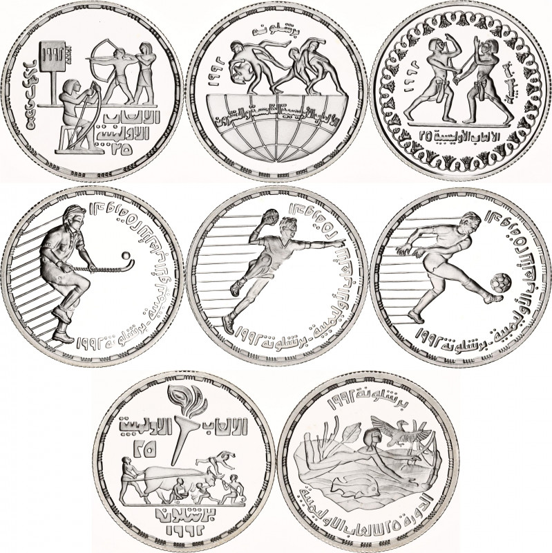 Egypt 8 x 5 Pounds 1992 AH 1412
KM# 701, 702, 703, 704, 705, 706, 707, 708; Sil...