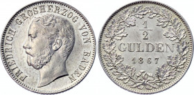 German States Baden 1/2 Gulden 1867
KM# 248; AKS# 128; J. 83, N# 82560; Silver 5.27 g.; Friedrich I; UNC