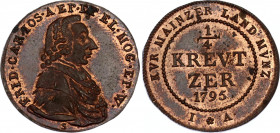 German States Mainz 1/4 Kreuzer 1795 IA
KM# 402, N# 65262; Friedrich Karl Joseph von Erthal; UNC with mint luster, exceptional condition for this coi...