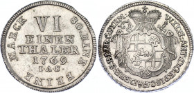 German States Paderborn 1/6 Taler 1769 IAS
KM# 237; Schwede 338; Weingärtner 223; N# 163320; Silver; Wilhelm Anton von Asseburg; Mint: Neuhaus; XF-AU...