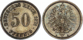Germany - Empire 50 Pfennig 1876 A
KM# 6, N# 10400; Silver; Wilhelm I; UNC with amazing toning