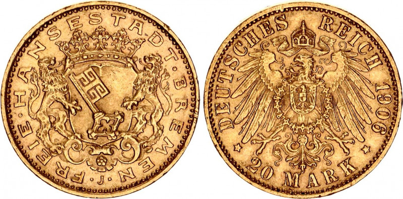 Germany - Empire Bremen 20 Mark 1906 J
KM# 252, J# 205; N# 20497; Free City; Go...