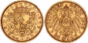 Germany - Empire Bremen 20 Mark 1906 J
KM# 252, J# 205; N# 20497; Free City; Gold (.900), 7.96g. AUNC, mint luster