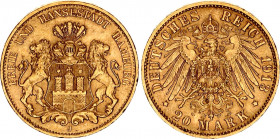 Germany - Empire Hamburg 20 Mark 1913 J
KM# 618, J# 212; N# 20495; Free Hanseatic city; Gold (.900), 7.96g. AUNC