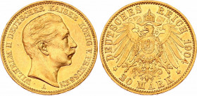 Germany - Empire Prussia 20 Mark 1904 A
KM# 521; J. 252; N# 21444; Gold (.900) 7.96 g.; Wilhelm II; Mint: Berlin; XF-AUNC