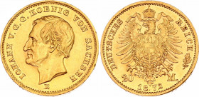 Germany - Empire Saxony 20 Mark 1872 E
KM# 1233, J# 258; Johann v. Sachsen; Gold (.900), 7.96g. AU-UNC, mint luster, one year type.