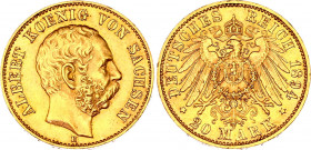 Germany - Empire Saxony 20 Mark 1894 E
KM# 1248, J# 264; Albert v. Sachsen; Gold (.900), 7.96g. UNC.