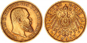Germany - Empire Wurttemberg 10 Mark 1904 F
KM# 633, J# 295; N# 32550; Wilhelm II; Gold (.900), 3.98g. AUNC