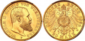 Germany - Empire Württemberg 20 Mark 1894 F PCGS MS64
KM# 634, J. 296; Wilhelm II. Freudenstadt Mint. Gold, UNC, full mint luster.