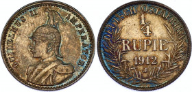 German East Africa 1/4 Rupie 1912 J
KM# 8, N# 16500; Silver; Wilhelm II; AUNC with nice toning