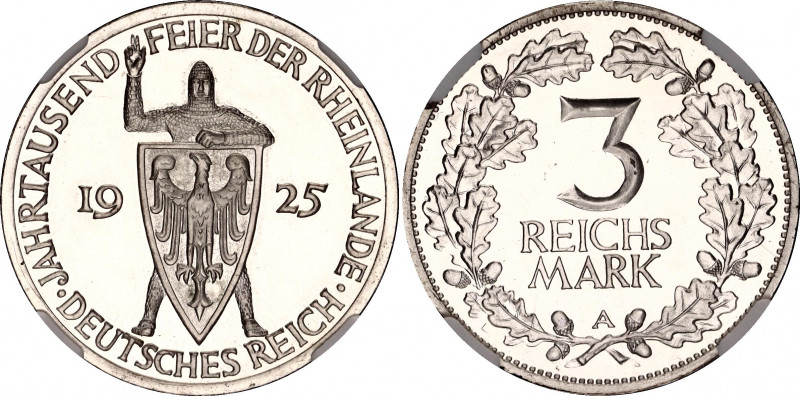 Germany - Weimar Republic 3 Reichsmark 1925 A RHEINLAND PROOF NGC PF 66
KM# 46;...