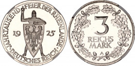 Germany - Weimar Republic 3 Reichsmark 1925 A RHEINLAND PROOF NGC PF 66
KM# 46; 1000th Year of the Rhineland; Silver, Proof, Top piece.
