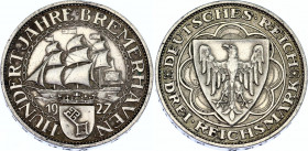Germany - Weimar Republic 3 Reichsmark 1927 A
KM# 50; J. 325; N# 23144; Silver; 100th Anniversary - Bremerhaven; Mint: Berlin; UNC Toned