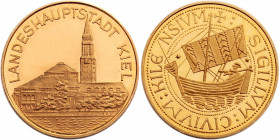 Germany Gold Medal "Landeshauptstadt Kiel" 20th Century
Gold (.986) 4 g., 20 mm., Proof; Obv: Landeshauptstadt Kiel. Rev: Kile Nsivm Sigillvm Civivm.