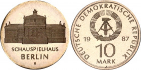 Germany DDR 10 Mark 1987 A Berlin Theater Proof
KM# 118; 750th Anniversary of Berlin Theater "Schauspielhaus". Silver, Proof. Mintage 4000 Only. In O...